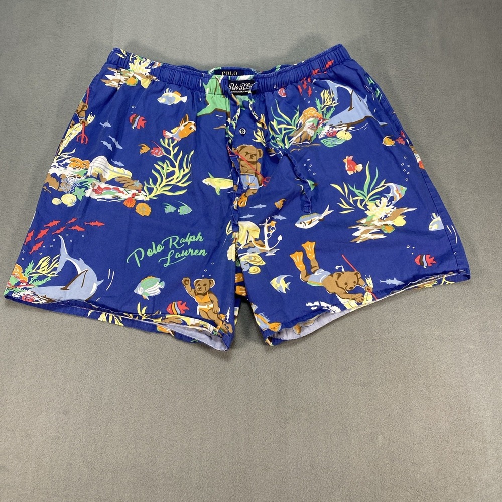 Polo Ralph Lauren Mens Large Lounge Shorts Blue Sea Life‎ Pockets Drawstring